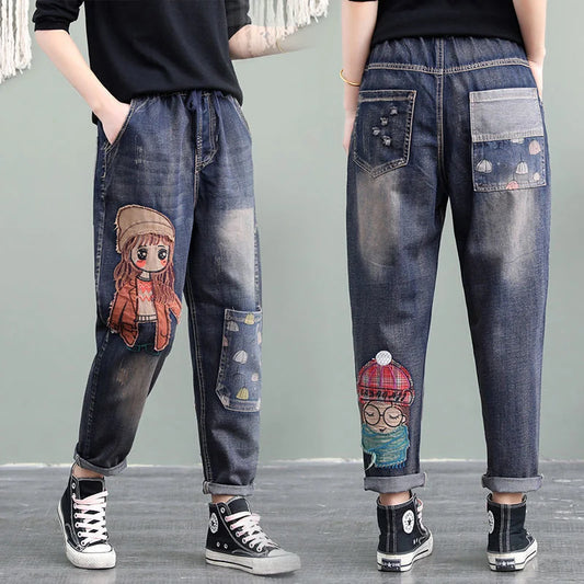 Girls Cartoon Patch Pocket Elastic Waist Harem Jeans