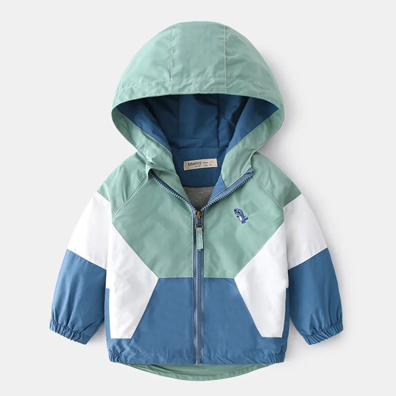 Boys Hooded Patchwork Windbreaker - Spring Autumn Outerwear Coat