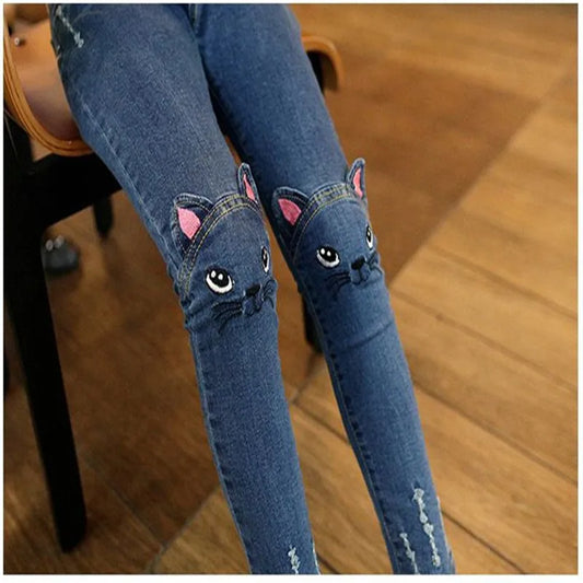 Girls Cartoon Cat Print Elastic Waist Skinny Jeans