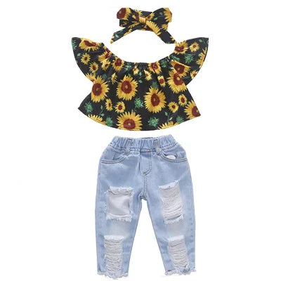 Baby Girls Sunflower Denim Pants Set - 3 Piece Summer Outfit