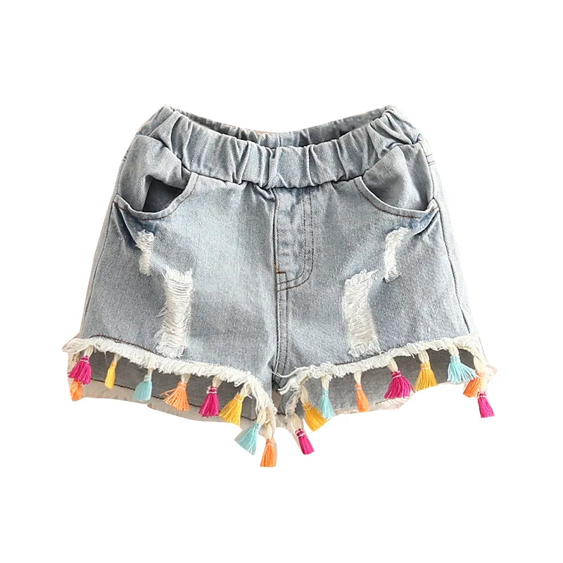 Girls Tassel Distressed Denim Shorts