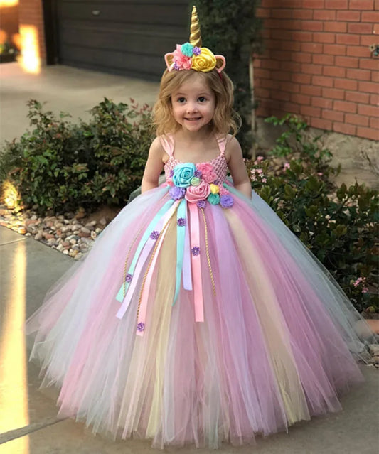 Girls Pastel Unicorn Flower Tutu Dress - Crochet Tulle Style