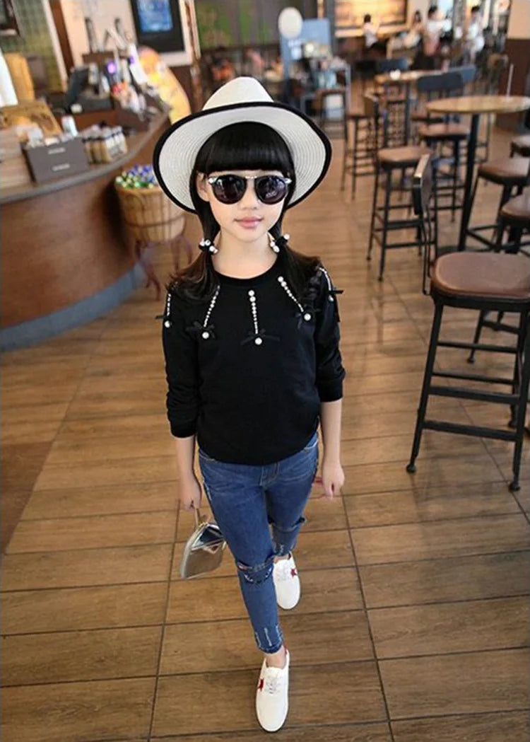 Girls Cartoon Cat Print Elastic Waist Skinny Jeans