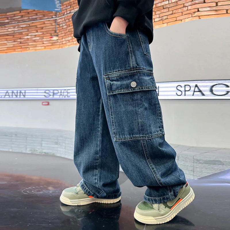 Teen Boys Wide Leg Cargo Jeans - Loose Straight Denim Pants