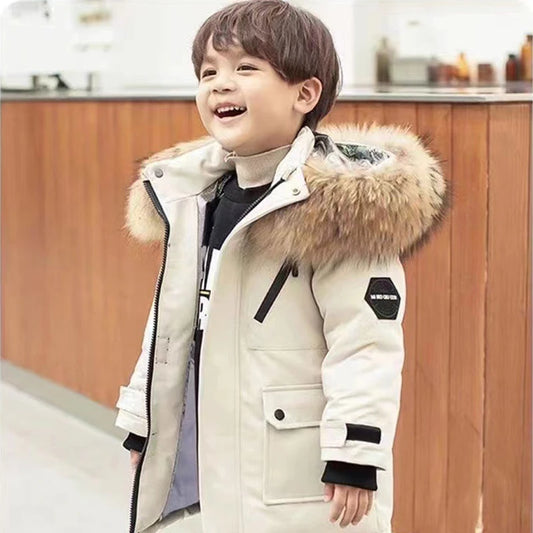 Kids Hooded Fur Collar Winter Jacket - Thick Warm Outerwear