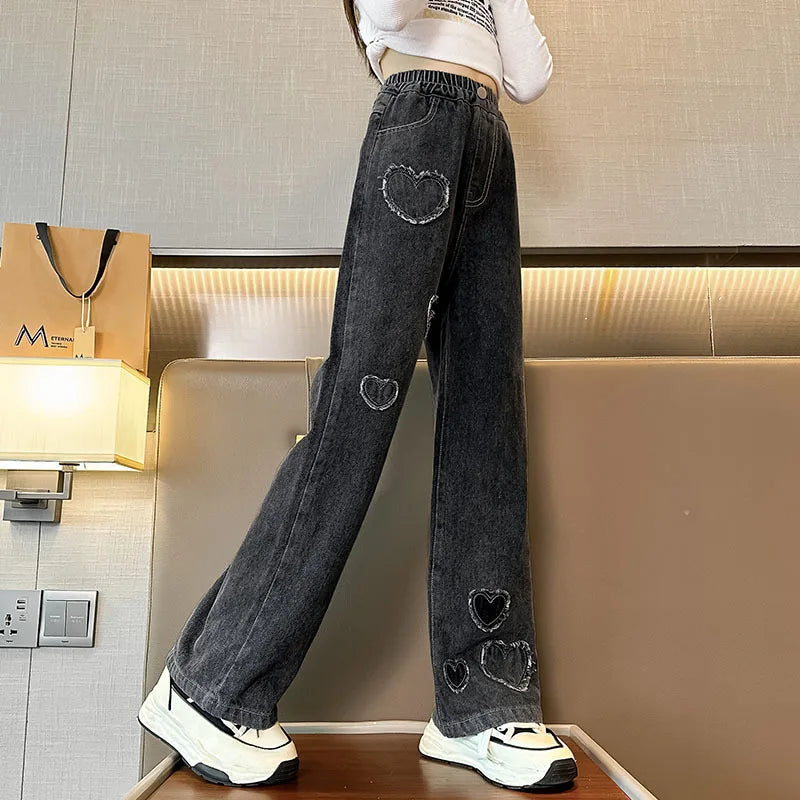 Girls Love Edge Elastic Waist Jeans - Korean Style Denim Pants