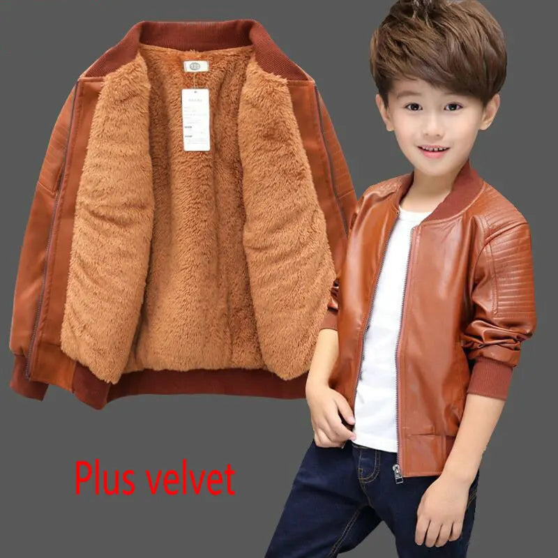 Boys PU Leather Jacket - Plus Velvet Warm Winter Coat