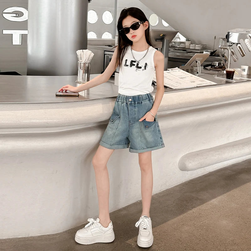 Girls Loose Fit Stretch Denim Shorts with Faux Flap Pockets
