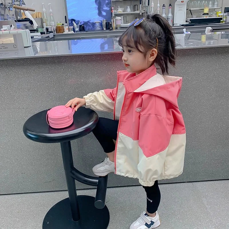 Girls Spliced Zipper Hooded Jacket - Spring Autumn Windbreaker