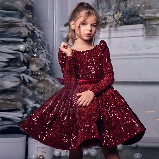 Baby Girls Long Sleeve Christmas Sequin Dress - Vintage Bow Gown