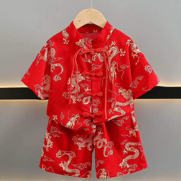 Boys Tang Style Hanfu Set - Short Sleeve Two-Piece Summer Outfit