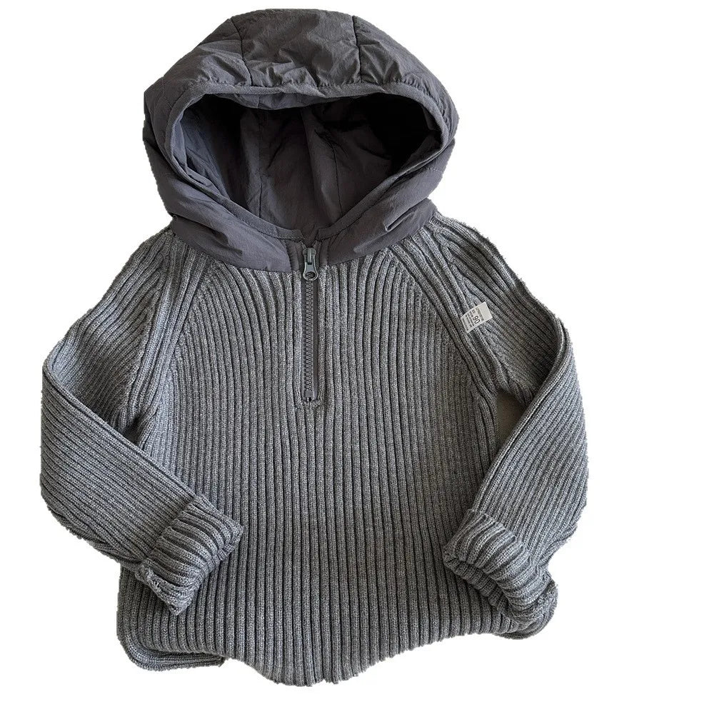 Boys Half-Zip Hooded Knit Sweater - Autumn Winter Sweatshirt
