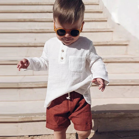 Boys Cotton Muslin Long Sleeve T-Shirt - Soft Pocket Round Neck Top