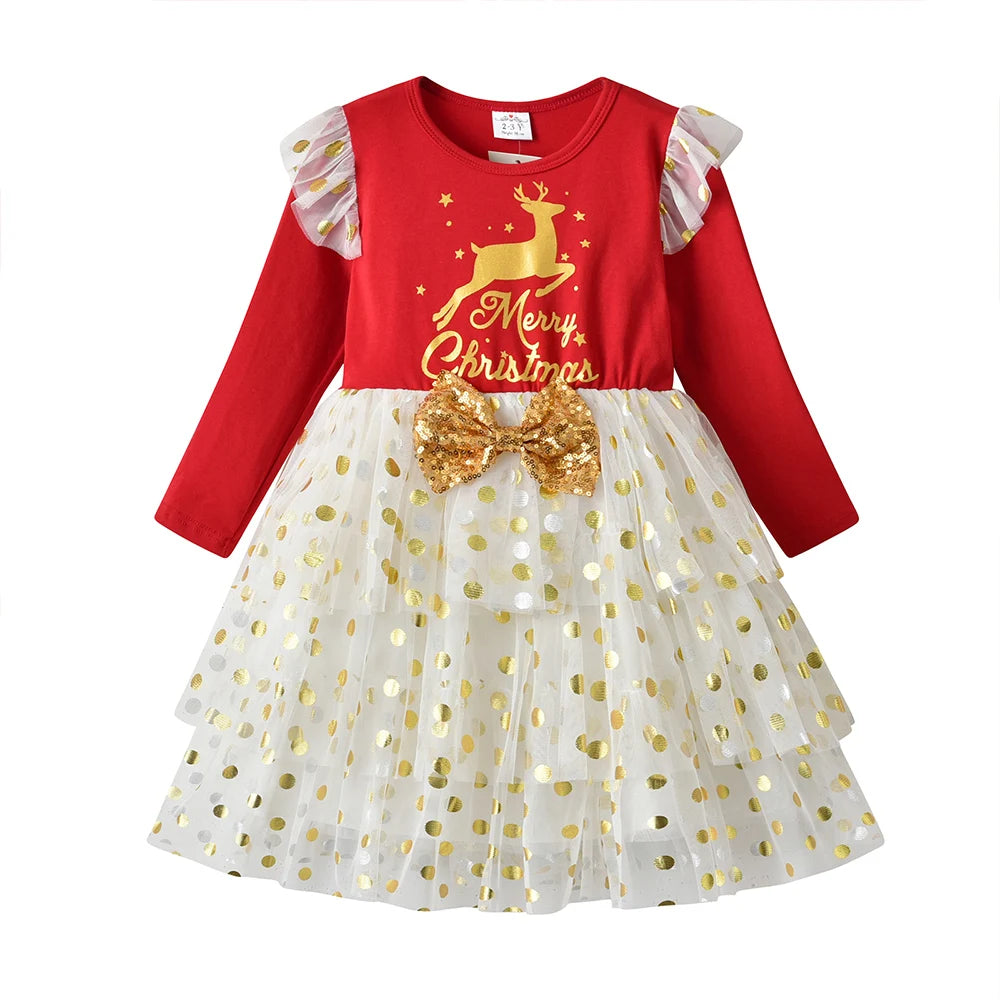Girls Christmas Sequin Elk Party Dress - Flying Sleeve