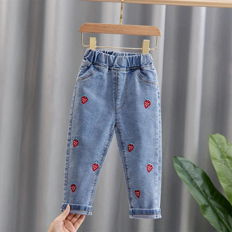 Girls Floral Graffiti Denim Pants - Cartoon Casual Jeans