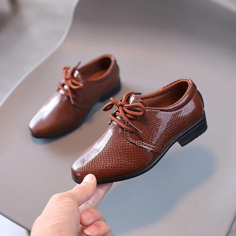 Boys Black Leather Lace-Up Shoes - Britain Style Party Footwear