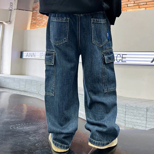 Teen Boys Wide Leg Cargo Jeans - Loose Straight Denim Pants