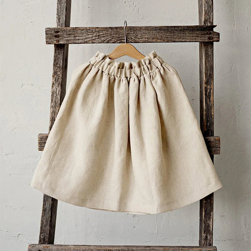 Girls Cotton Linen Elastic Waist Midi Skirt
