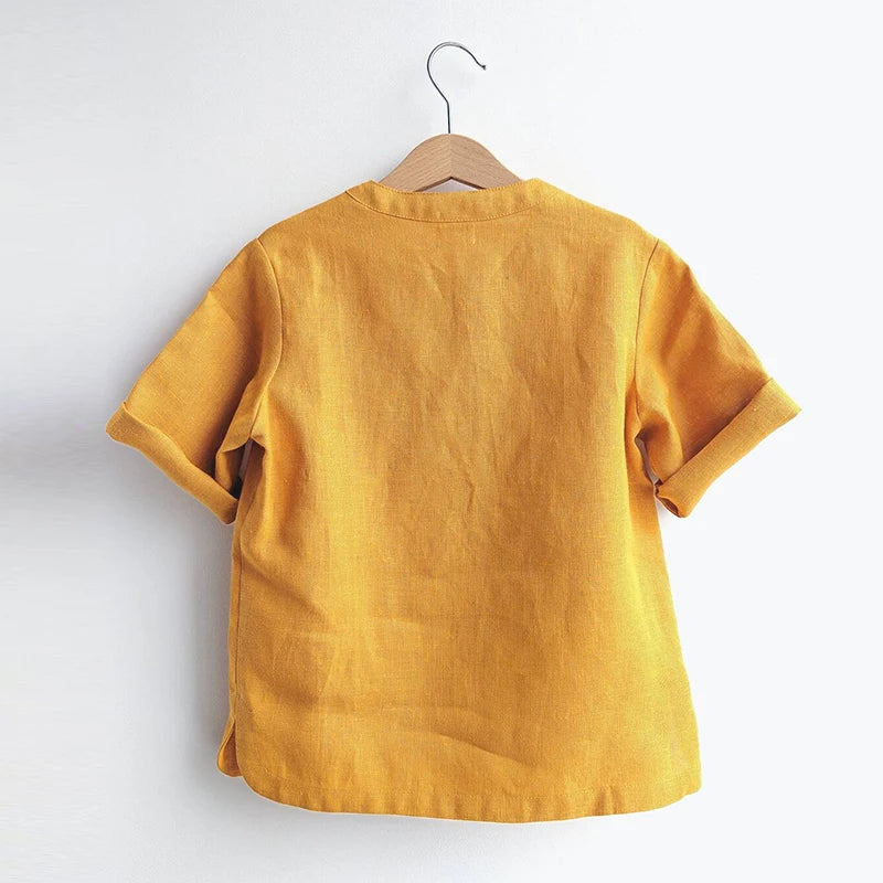 Boys Linen Cotton T-Shirt - Solid Short Sleeve Round Neck Top