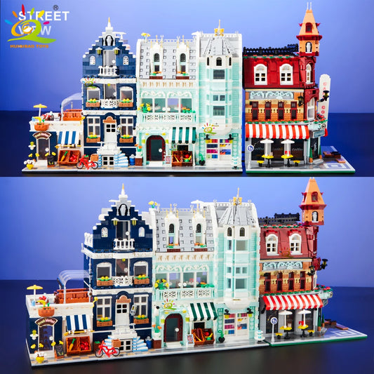 City Corner Coffee Shop Micro Blocks - Street View Architecture Set