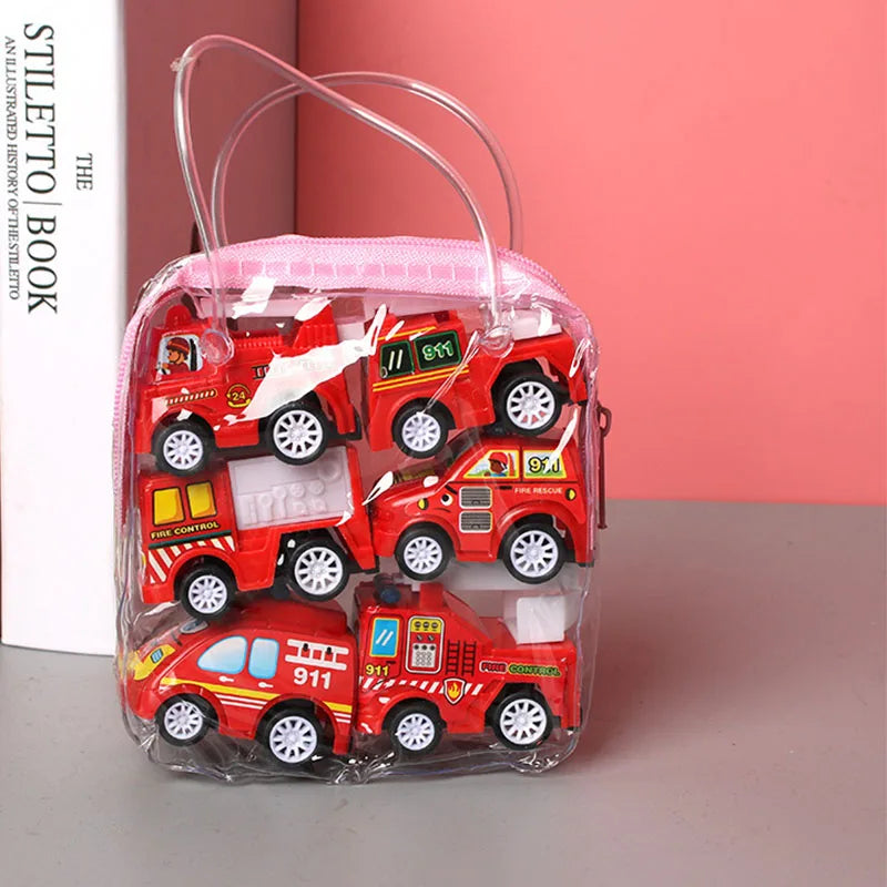 6-Piece Pull Back Car Model Set - Fire Truck Taxi Mini Vehicles