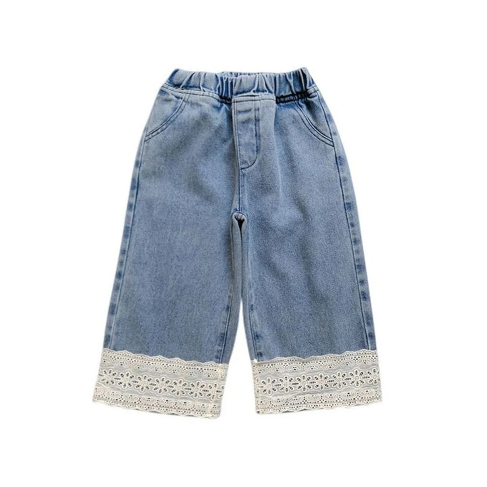 Girls Lace Detail Blue Jeans - Korean Casual Pants