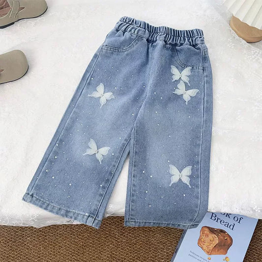 Girls Diamond Bow Straight Leg Jeans - Loose Denim Trousers