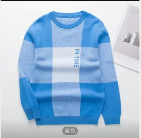 Boys Round Collar Knit Sweater - Plaid Autumn Pullover
