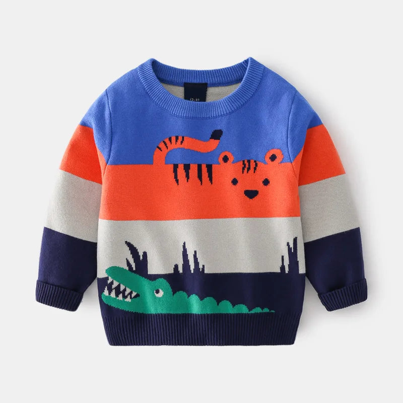 Kids Cartoon Animal Striped Sweater - Winter Knit Top