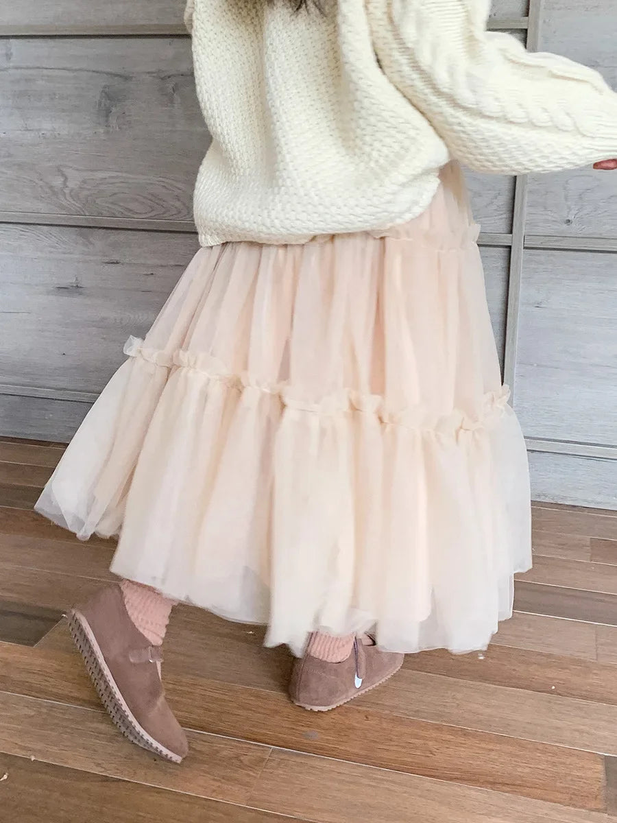 Girls Gauze Mesh Fluffy A-Line Skirt
