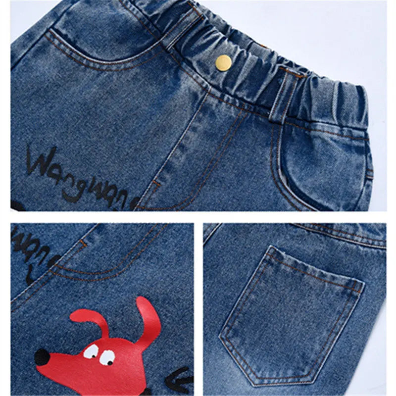 Girls Cartoon Print Elastic Waist Wide Leg Jeans