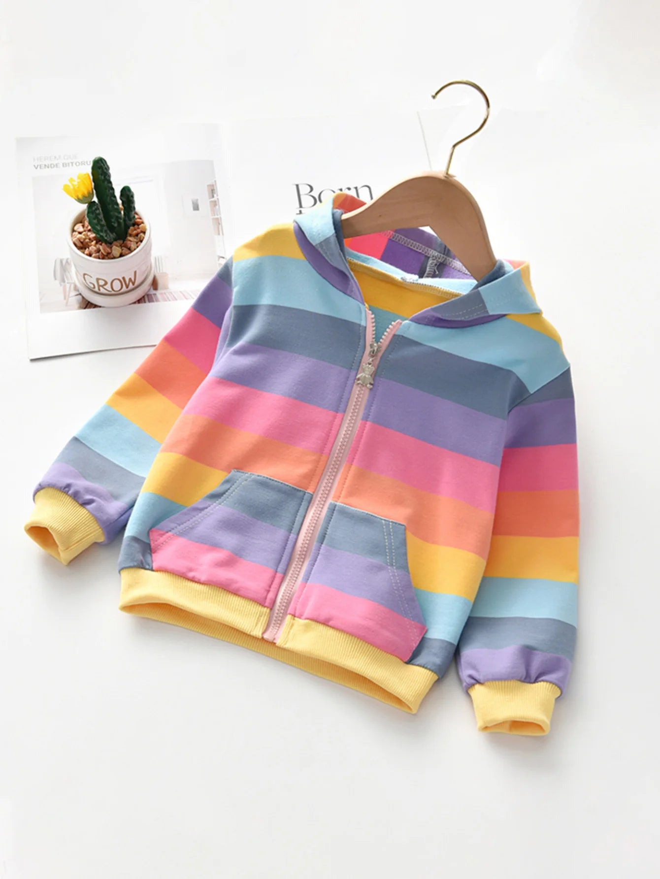 Girls Rainbow Stripe Hooded Jacket - Zipper Pocket Style