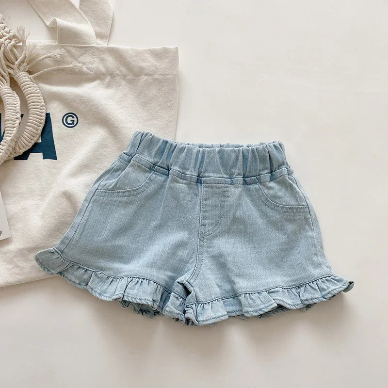 Girls Ruffled Trim Soft Denim Shorts