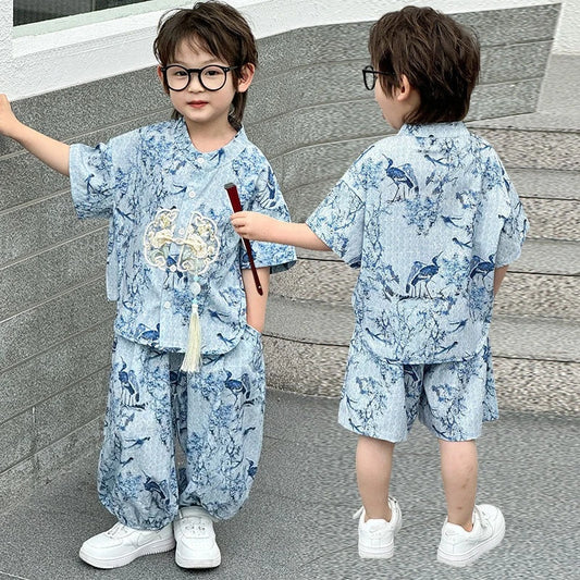 Boys Tang Style Hanfu Set - Short Sleeve Two-Piece Summer Outfit