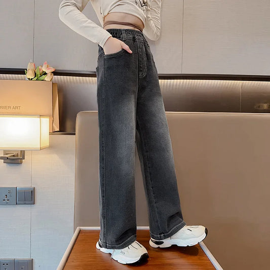 Girls Vintage Wide Leg Denim Pants - Solid Casual Trousers