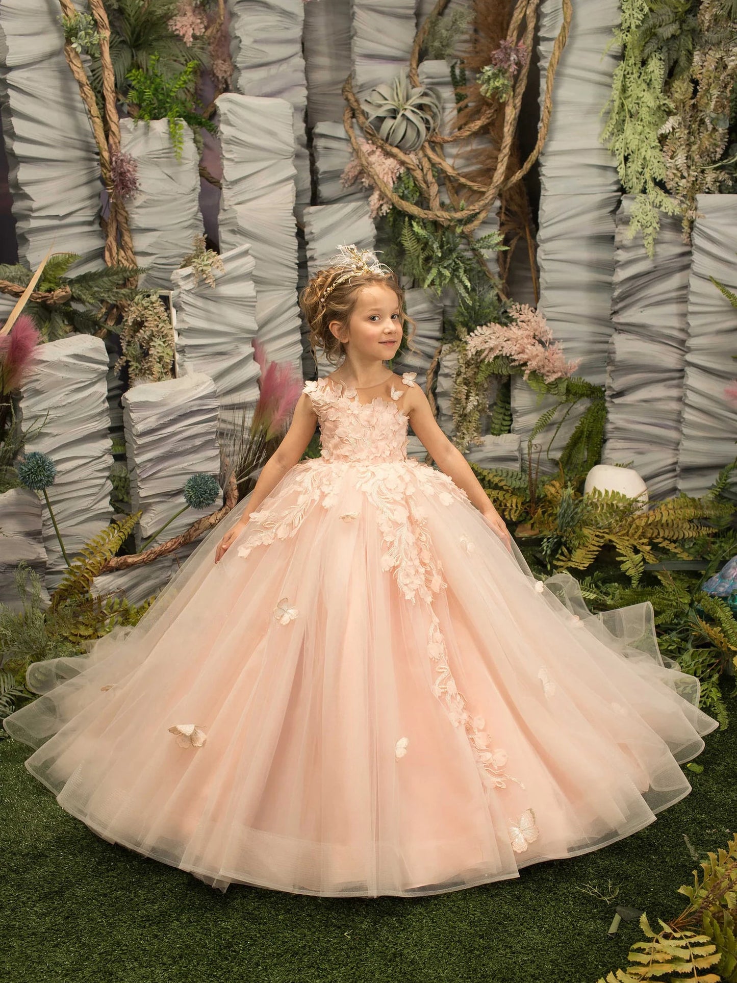 Girls Pink Floral Lace Floor-Length Gown - Flower Girl Dress