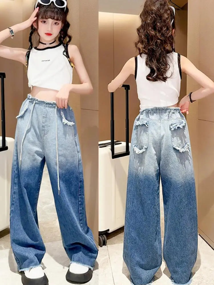 Girls Gradient Wide Leg Jeans and Sleeveless Vest Set