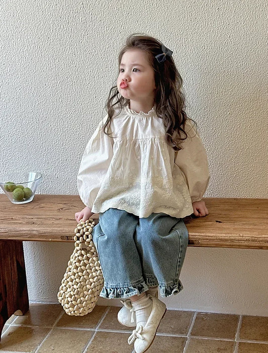 Girls Lace Wide Leg Jeans - Sweet Casual Denim Pants