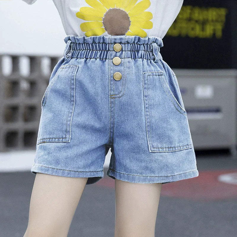Girls High Waist Distressed Denim Shorts