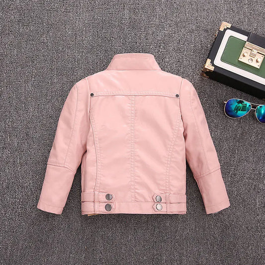 Girls Faux Leather Zip Jacket - Belted Biker Style