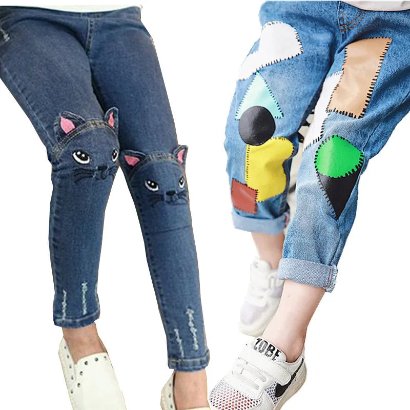 Girls Cartoon Cat Print Elastic Waist Skinny Jeans