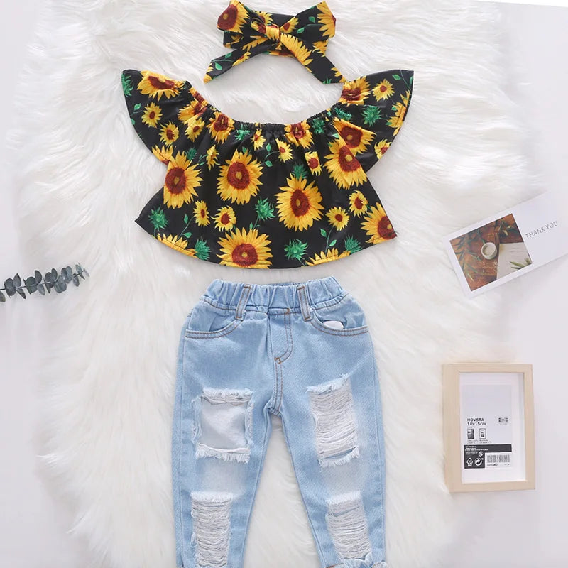 Baby Girls Sunflower Denim Pants Set - 3 Piece Summer Outfit