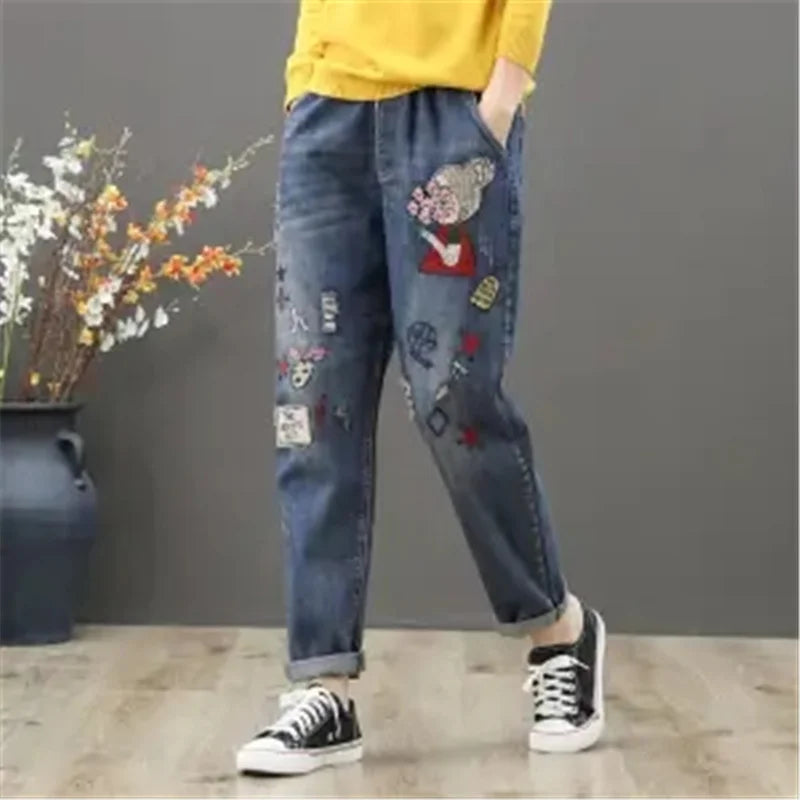 Girls Cartoon Patch Pocket Elastic Waist Harem Jeans
