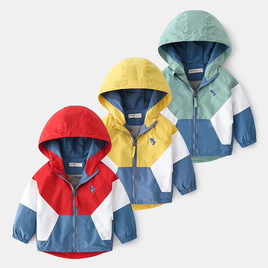 Boys Hooded Patchwork Windbreaker - Spring Autumn Outerwear Coat