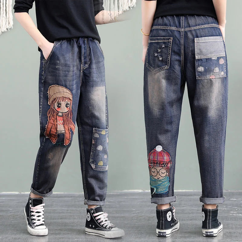 Girls Cartoon Patch Pocket Elastic Waist Harem Jeans