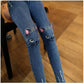 Girls Cartoon Cat Print Elastic Waist Skinny Jeans