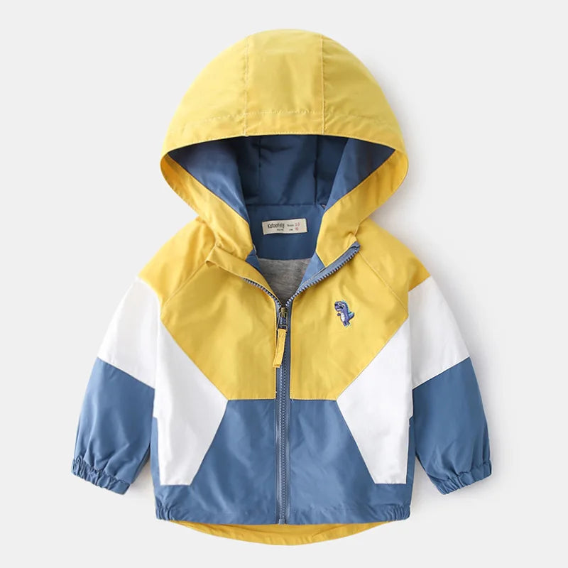 Boys Hooded Patchwork Windbreaker - Spring Autumn Outerwear Coat