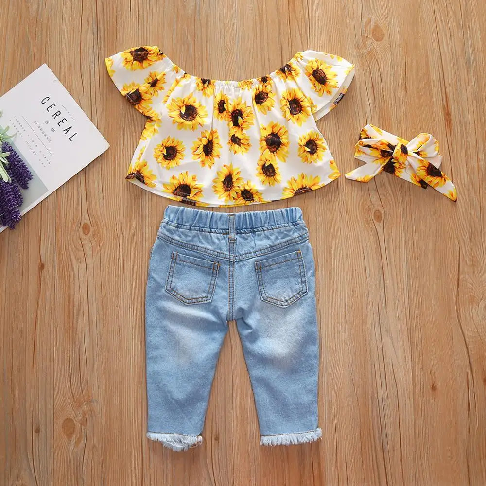 Baby Girls Sunflower Denim Pants Set - 3 Piece Summer Outfit