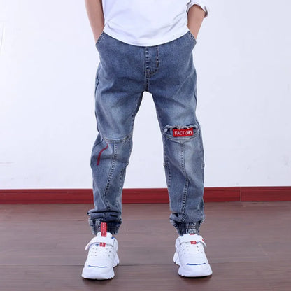 Boys Letter Print Pencil Jeans - Elastic Waist Denim Pants