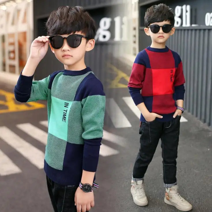 Boys Round Collar Knit Sweater - Plaid Autumn Pullover